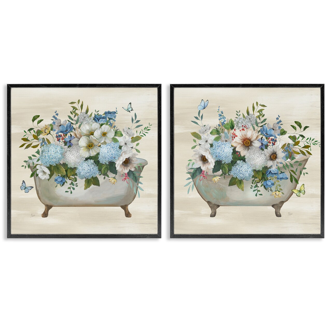 Stupell Industries Butterfly Hydrangea Bathtub 2 pc Framed Giclee Wall Art Set Design by Nan